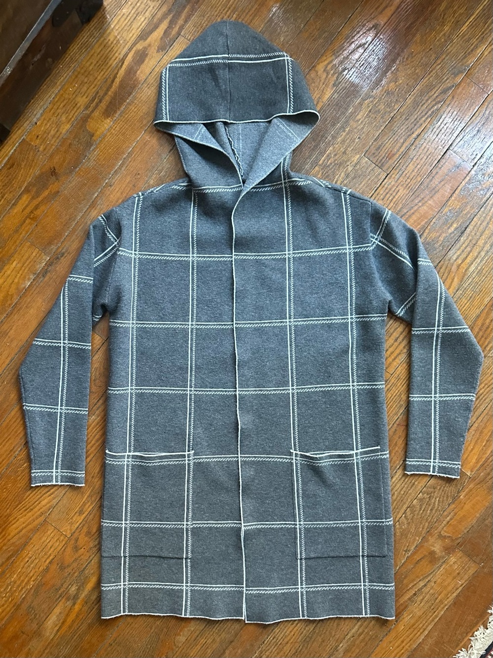 Hooded Gray Windowpane Long Cardigan Sweater Coat | Open Front | Women’s